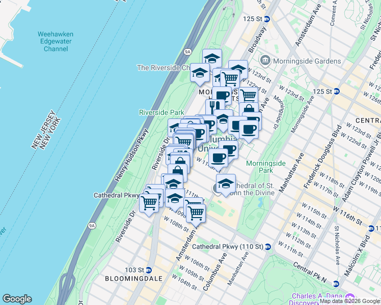 map of restaurants, bars, coffee shops, grocery stores, and more near 601 West 115th Street in New York