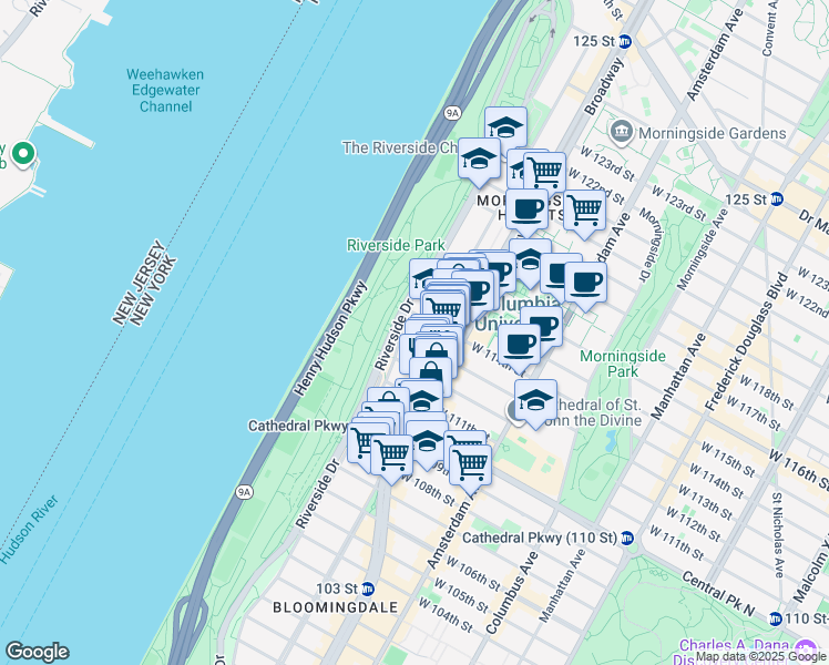 map of restaurants, bars, coffee shops, grocery stores, and more near 420 Riverside Drive in New York