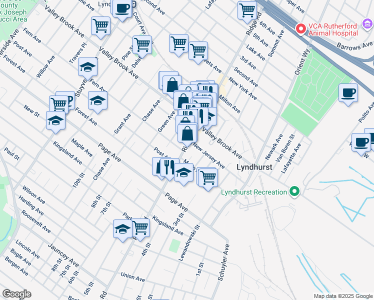 map of restaurants, bars, coffee shops, grocery stores, and more near 341 New Jersey 17 in Lyndhurst