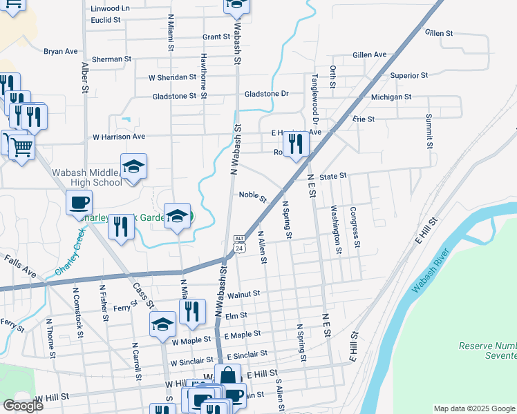 map of restaurants, bars, coffee shops, grocery stores, and more near 278 Manchester Ave in Wabash