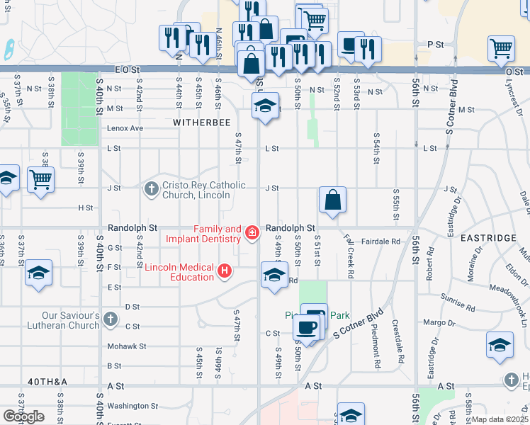 map of restaurants, bars, coffee shops, grocery stores, and more near 610 South 48th Street in Lincoln