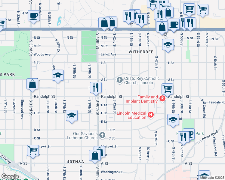 map of restaurants, bars, coffee shops, grocery stores, and more near 619 South 42nd Street in Lincoln