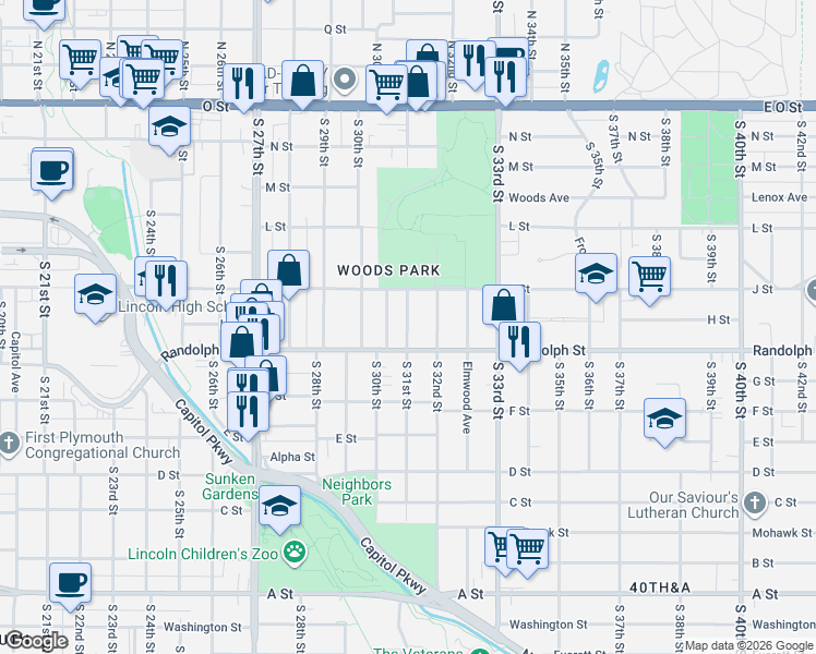 map of restaurants, bars, coffee shops, grocery stores, and more near 625 South 31st Street in Lincoln