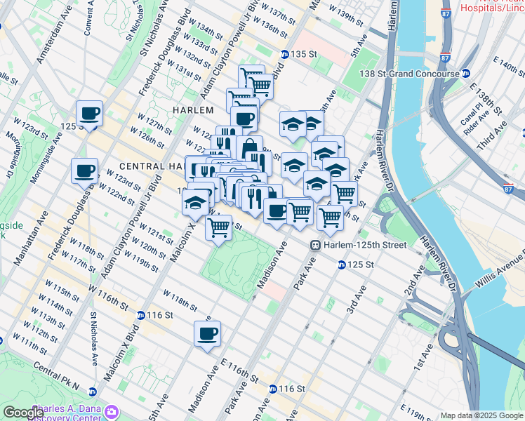 map of restaurants, bars, coffee shops, grocery stores, and more near 2032 5th Avenue in New York