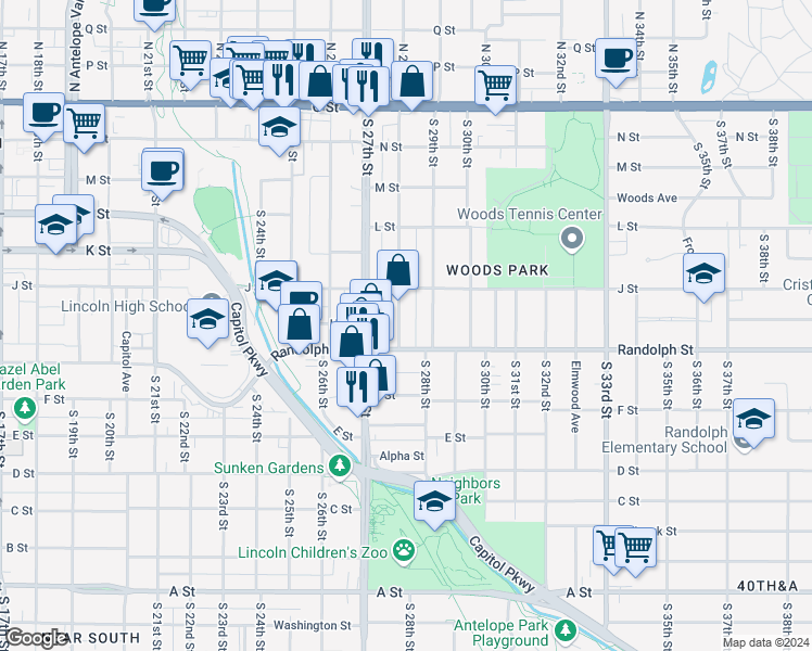 map of restaurants, bars, coffee shops, grocery stores, and more near 660 South 28th Street in Lincoln