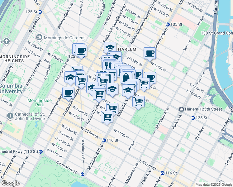 map of restaurants, bars, coffee shops, grocery stores, and more near 157 West 123rd Street in New York