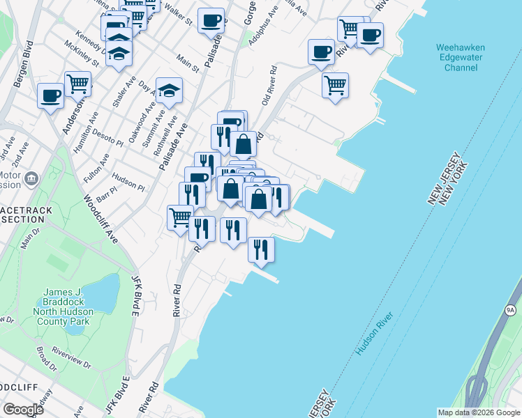map of restaurants, bars, coffee shops, grocery stores, and more near 26 The Promenade in Edgewater