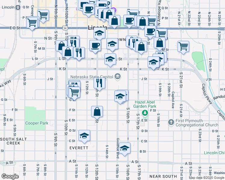 map of restaurants, bars, coffee shops, grocery stores, and more near 1425 H Street in Lincoln