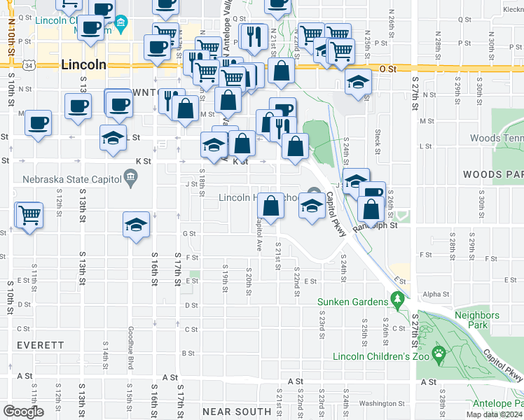 map of restaurants, bars, coffee shops, grocery stores, and more near 630 Capitol Avenue in Lincoln