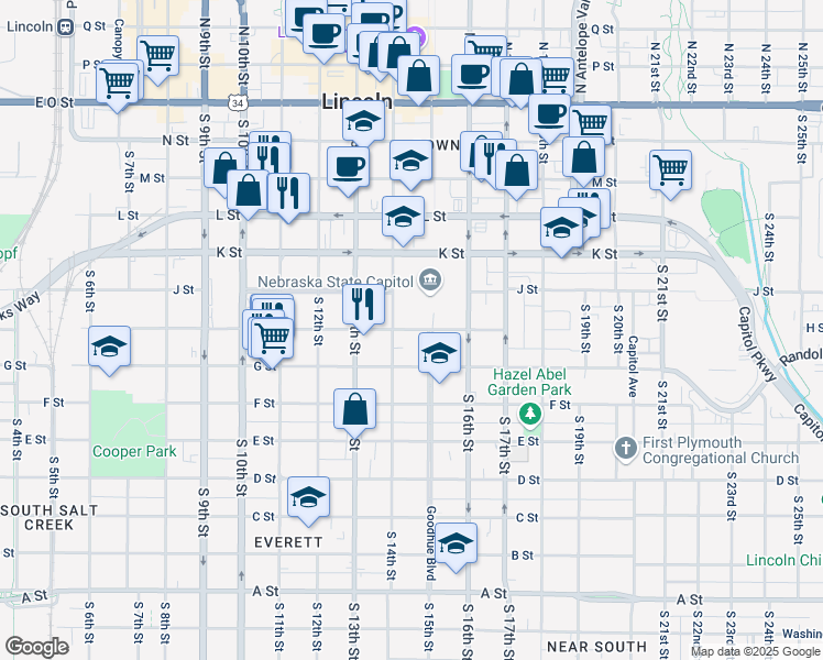 map of restaurants, bars, coffee shops, grocery stores, and more near 1425 H Street in Lincoln