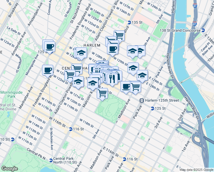 map of restaurants, bars, coffee shops, grocery stores, and more near 55 West 125th Street in New York