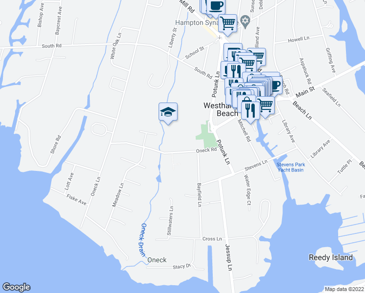 map of restaurants, bars, coffee shops, grocery stores, and more near 38 Oneck Road in Westhampton Beach