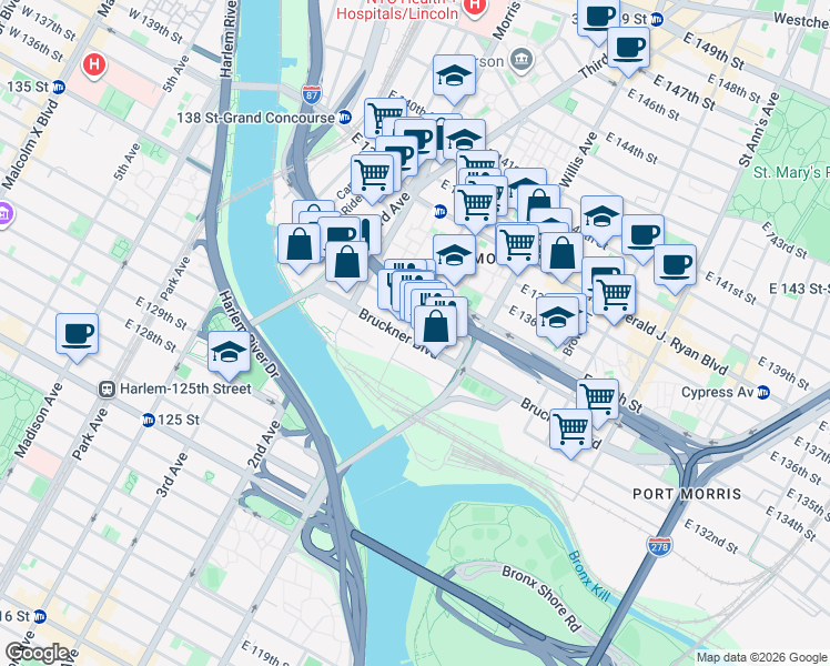 map of restaurants, bars, coffee shops, grocery stores, and more near in The Bronx