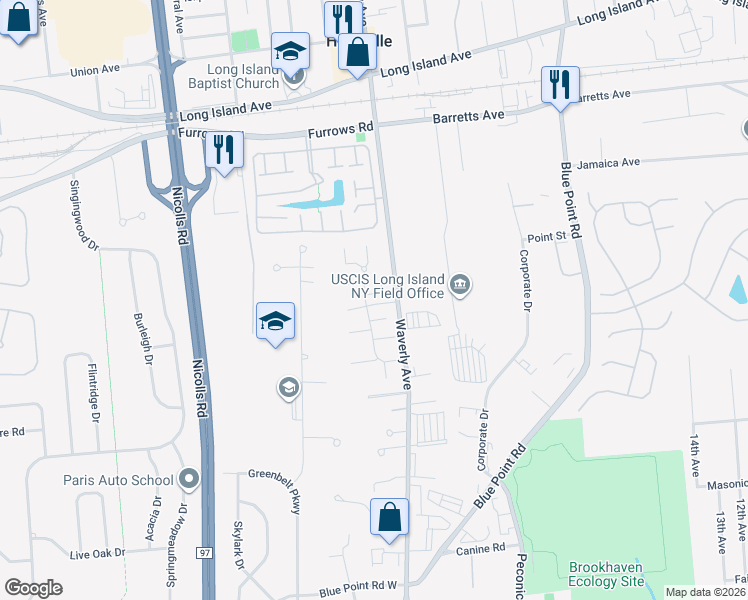 map of restaurants, bars, coffee shops, grocery stores, and more near 202 Storm Drive in Holtsville
