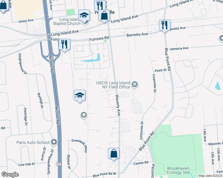 map of restaurants, bars, coffee shops, grocery stores, and more near 206 Storm Drive in Holtsville