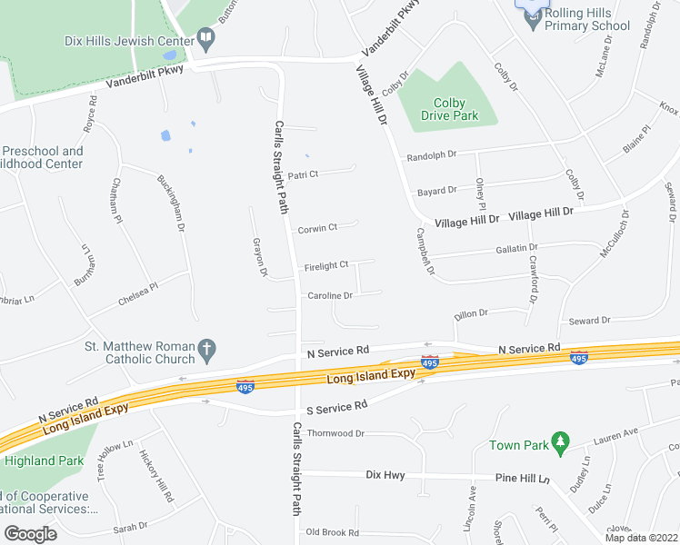 map of restaurants, bars, coffee shops, grocery stores, and more near 8 Firelight Court in Huntington Station