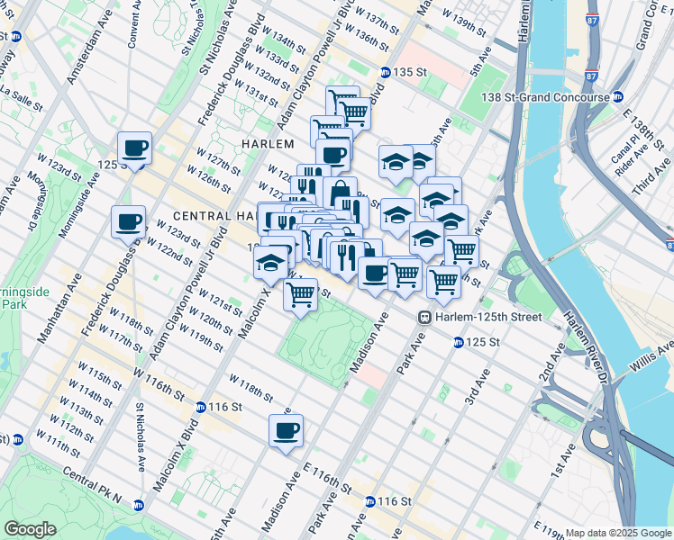 map of restaurants, bars, coffee shops, grocery stores, and more near 13 West 126th Street in New York