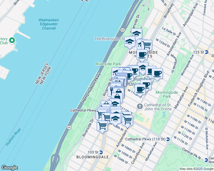 map of restaurants, bars, coffee shops, grocery stores, and more near Riverside Dr & W 113th St in New York