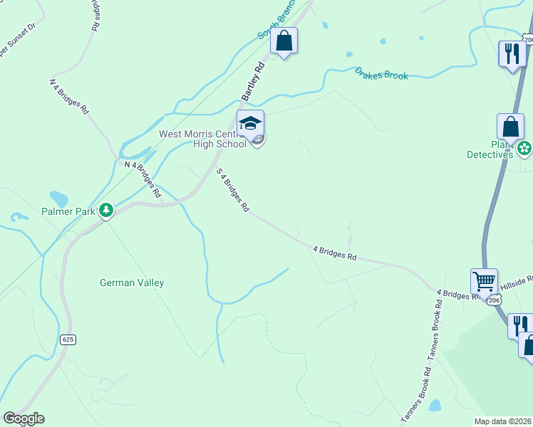 map of restaurants, bars, coffee shops, grocery stores, and more near 18 South 4 Bridges Road in Chester