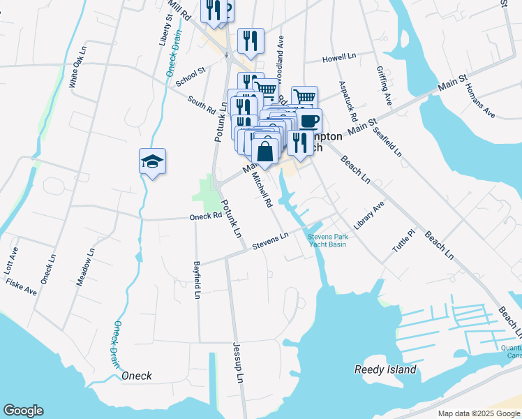 map of restaurants, bars, coffee shops, grocery stores, and more near 19 Mitchell Road in Westhampton Beach
