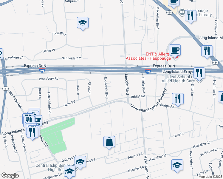 map of restaurants, bars, coffee shops, grocery stores, and more near 49 Roosevelt Boulevard in Hauppauge