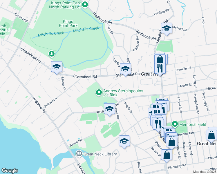 map of restaurants, bars, coffee shops, grocery stores, and more near 10 Wesey Court in Great Neck