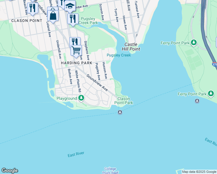 map of restaurants, bars, coffee shops, grocery stores, and more near 104 Cove Court in Bronx