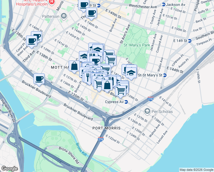 map of restaurants, bars, coffee shops, grocery stores, and more near in The Bronx