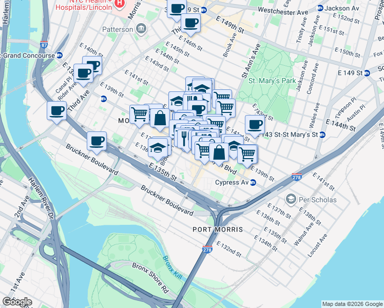 map of restaurants, bars, coffee shops, grocery stores, and more near in New York