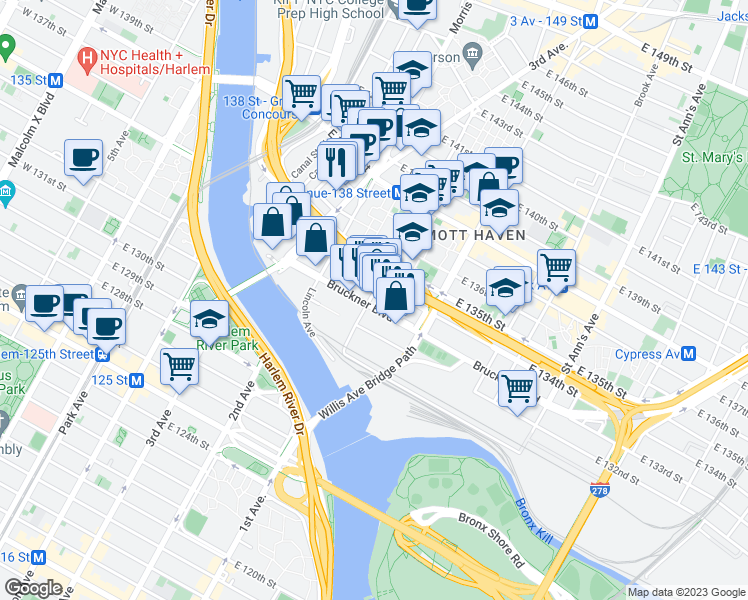 map of restaurants, bars, coffee shops, grocery stores, and more near in The Bronx