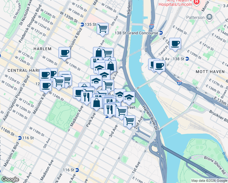 map of restaurants, bars, coffee shops, grocery stores, and more near 107 East 129th Street in New York