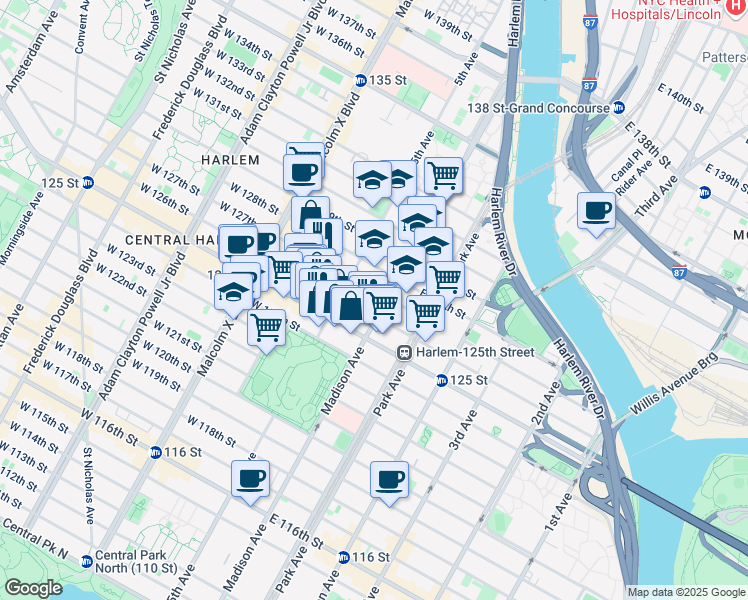 map of restaurants, bars, coffee shops, grocery stores, and more near 2 East 127th Street in New York