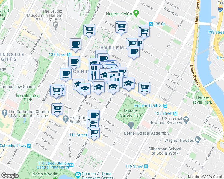 map of restaurants, bars, coffee shops, grocery stores, and more near 123 Adam Clayton Powell Junior Boulevard in New York