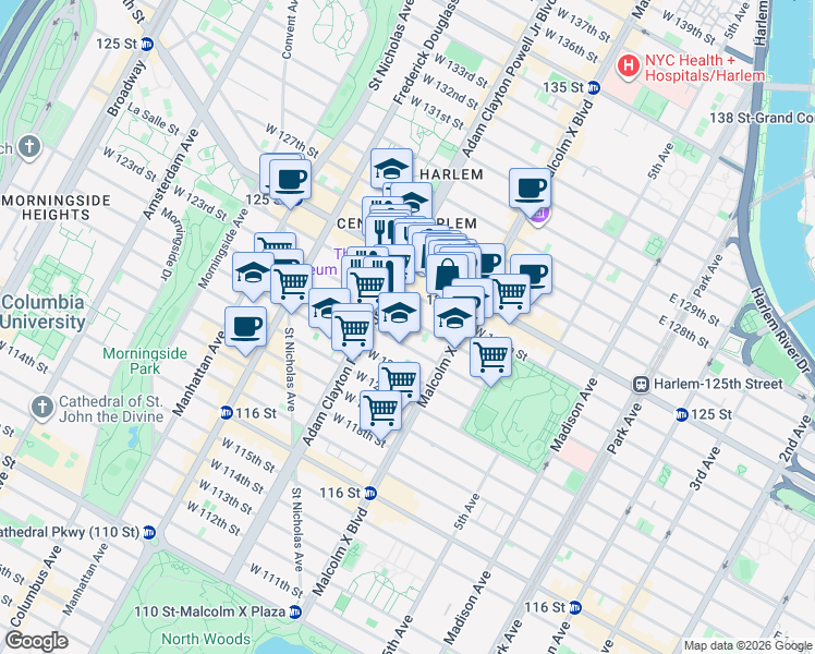map of restaurants, bars, coffee shops, grocery stores, and more near 157 West 123rd Street in New York