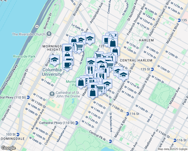 map of restaurants, bars, coffee shops, grocery stores, and more near 50 Morningside Avenue in New York