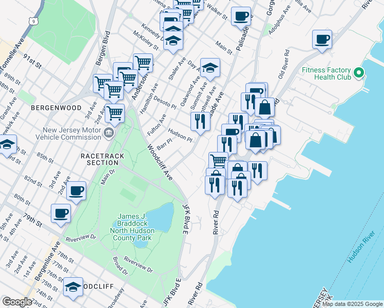 map of restaurants, bars, coffee shops, grocery stores, and more near 54 Palisade Avenue in Cliffside Park