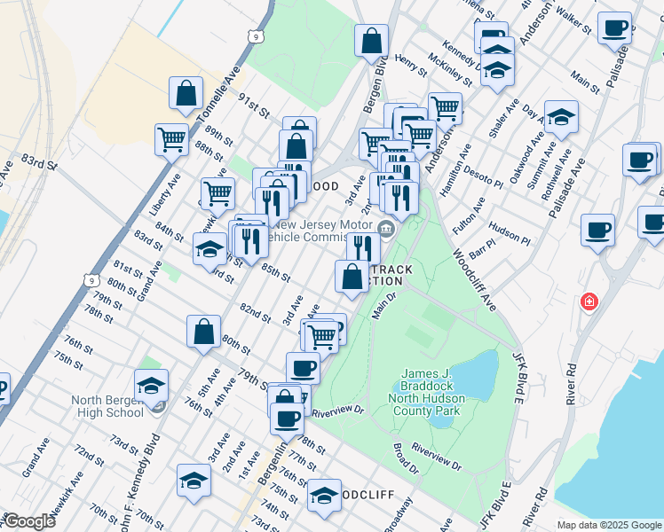 map of restaurants, bars, coffee shops, grocery stores, and more near 717 87th Street in North Bergen