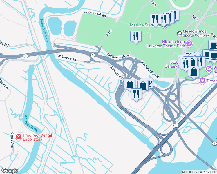 map of restaurants, bars, coffee shops, grocery stores, and more near 100-120 Schindler Court in East Rutherford