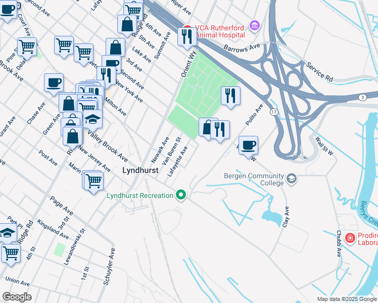 map of restaurants, bars, coffee shops, grocery stores, and more near 200 Madison Street in Lyndhurst