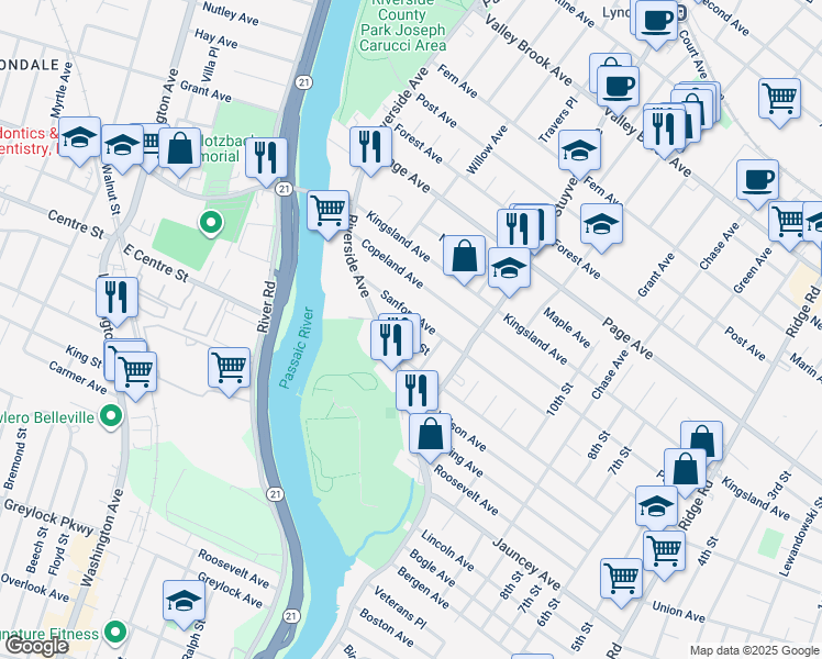 map of restaurants, bars, coffee shops, grocery stores, and more near 205 Sanford Avenue in Lyndhurst