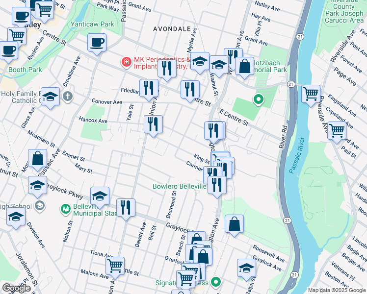 map of restaurants, bars, coffee shops, grocery stores, and more near 25 Saint Marys Place in Nutley