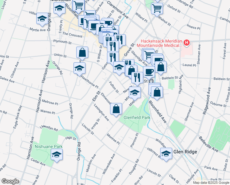 map of restaurants, bars, coffee shops, grocery stores, and more near 30 Fulton Street in Montclair
