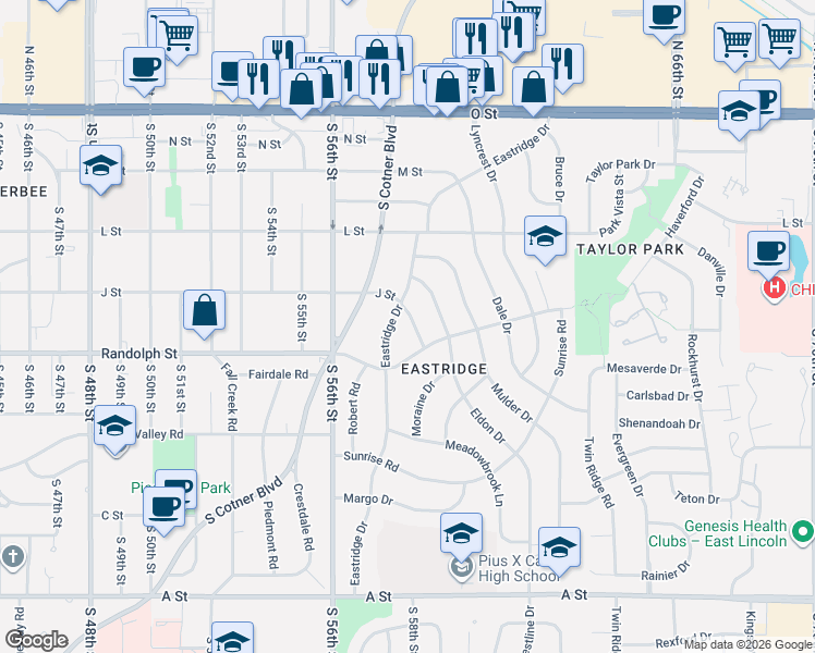 map of restaurants, bars, coffee shops, grocery stores, and more near 615 Eldon Drive in Lincoln