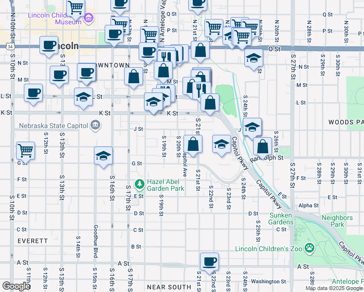 map of restaurants, bars, coffee shops, grocery stores, and more near 6 Capitol Avenue in Lincoln