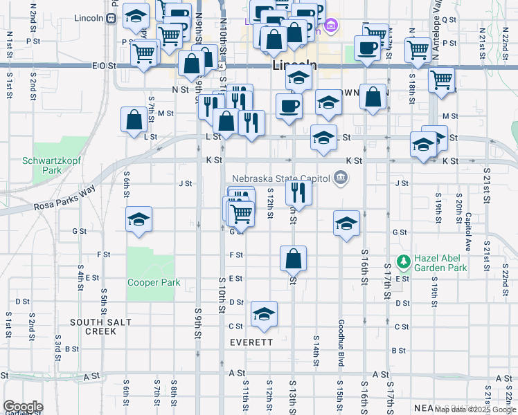 map of restaurants, bars, coffee shops, grocery stores, and more near 1106 H Street in Lincoln