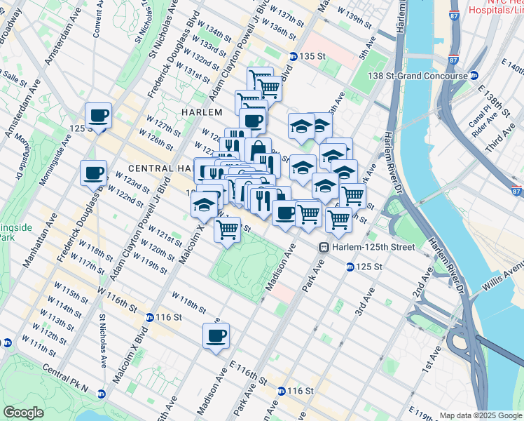 map of restaurants, bars, coffee shops, grocery stores, and more near 23 West 125th Street in New York