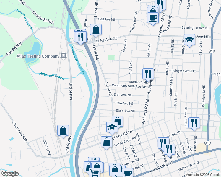 map of restaurants, bars, coffee shops, grocery stores, and more near 888 1st Street Northeast in Massillon