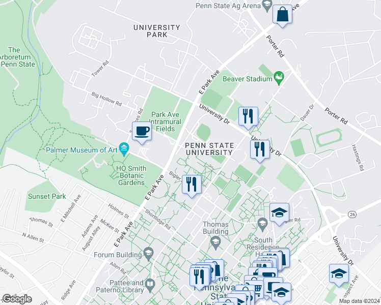 map of restaurants, bars, coffee shops, grocery stores, and more near 417 Old Main in Centre