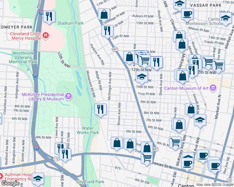 map of restaurants, bars, coffee shops, grocery stores, and more near 1324 10th Street Northwest in Canton