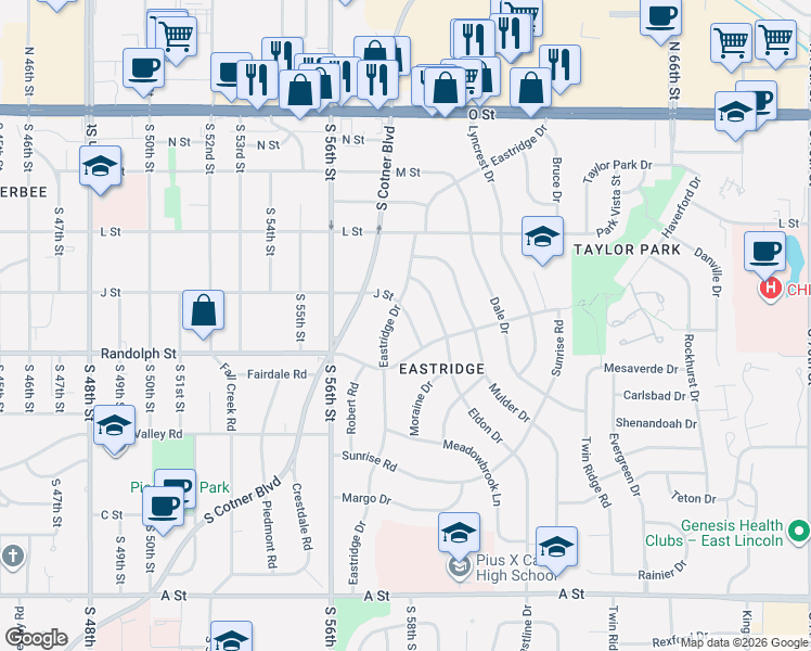 map of restaurants, bars, coffee shops, grocery stores, and more near 615 Eldon Drive in Lincoln